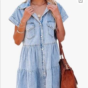 Amazon Sidefeel Light Demin Frayed Hem Button Up Dress NWOT